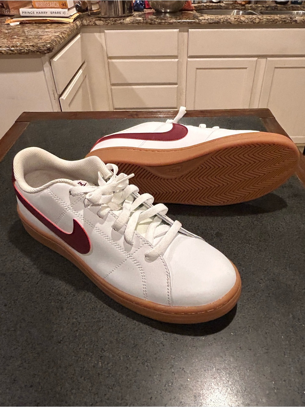Nike White Sneakers with Maroon Swoosh and Gum Sole